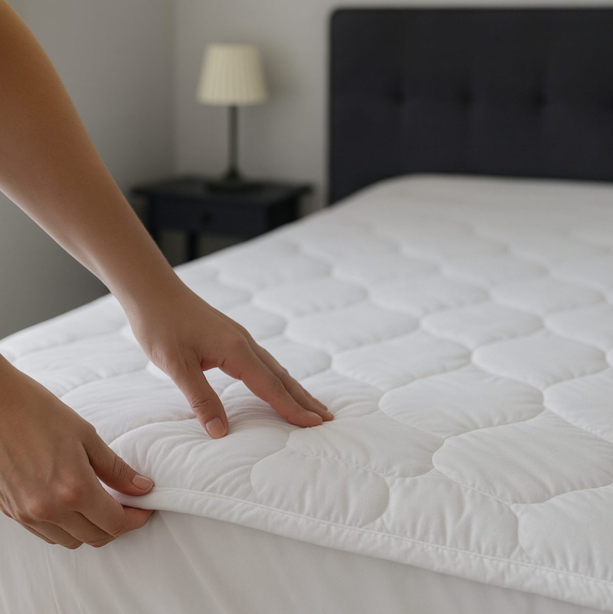 Manos colocando un protector de colchón para proteger la cama y alargar su vida útil.