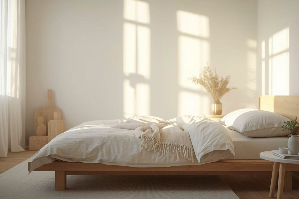 Cama con ropa clara iluminada por luz natural de la mañana tras una noche de descanso