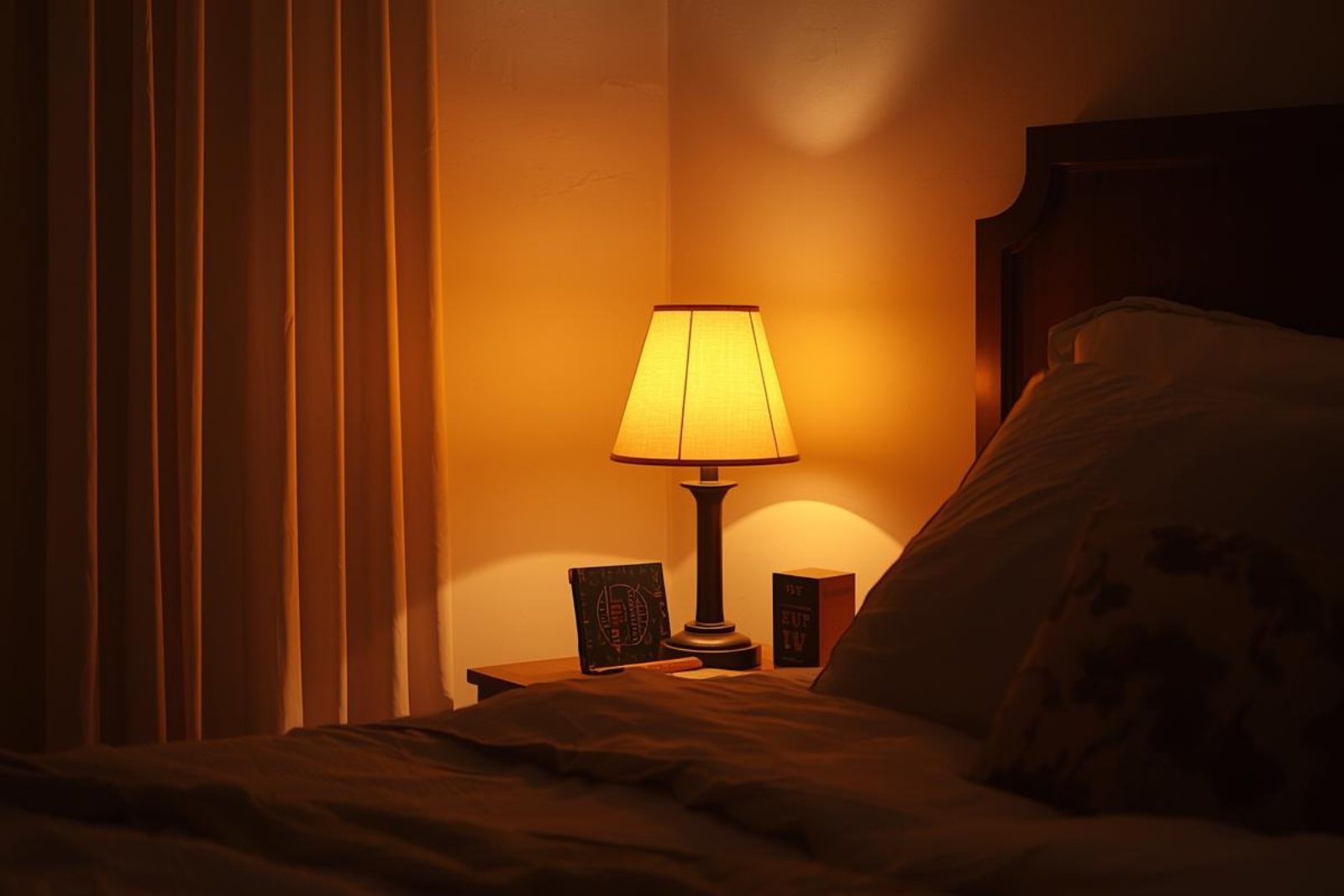 Luz cálida de una lámpara encendida en el dormitorio al final del día, creando un ambiente de calma antes de descansar.
